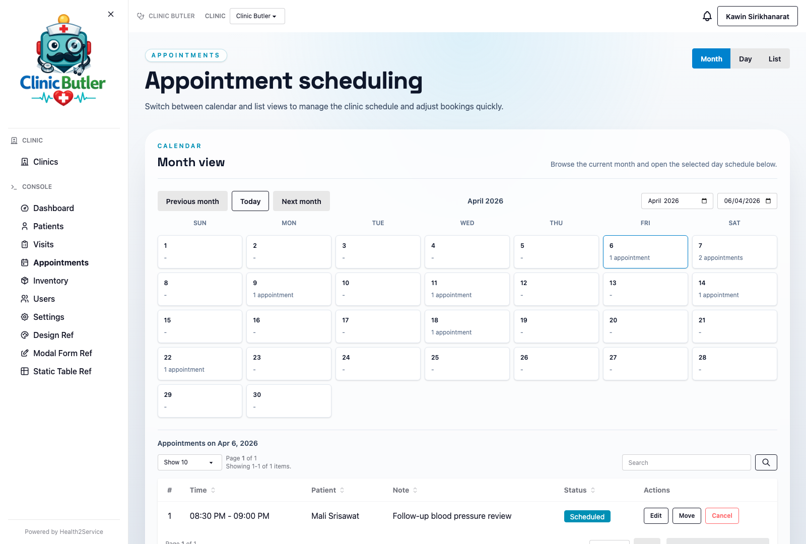 Clinic Butler appointment scheduling calendar with daily booking list