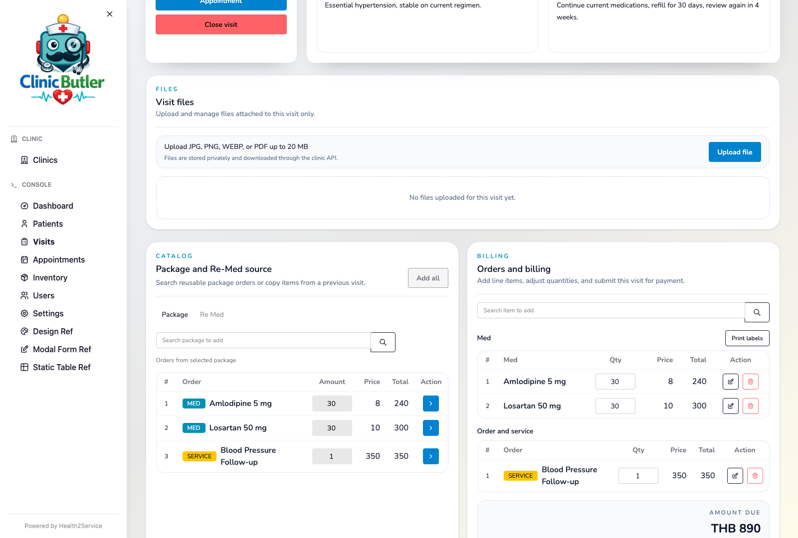 Clinic Butler visit detail page showing preset package orders, medication items, and billing totals