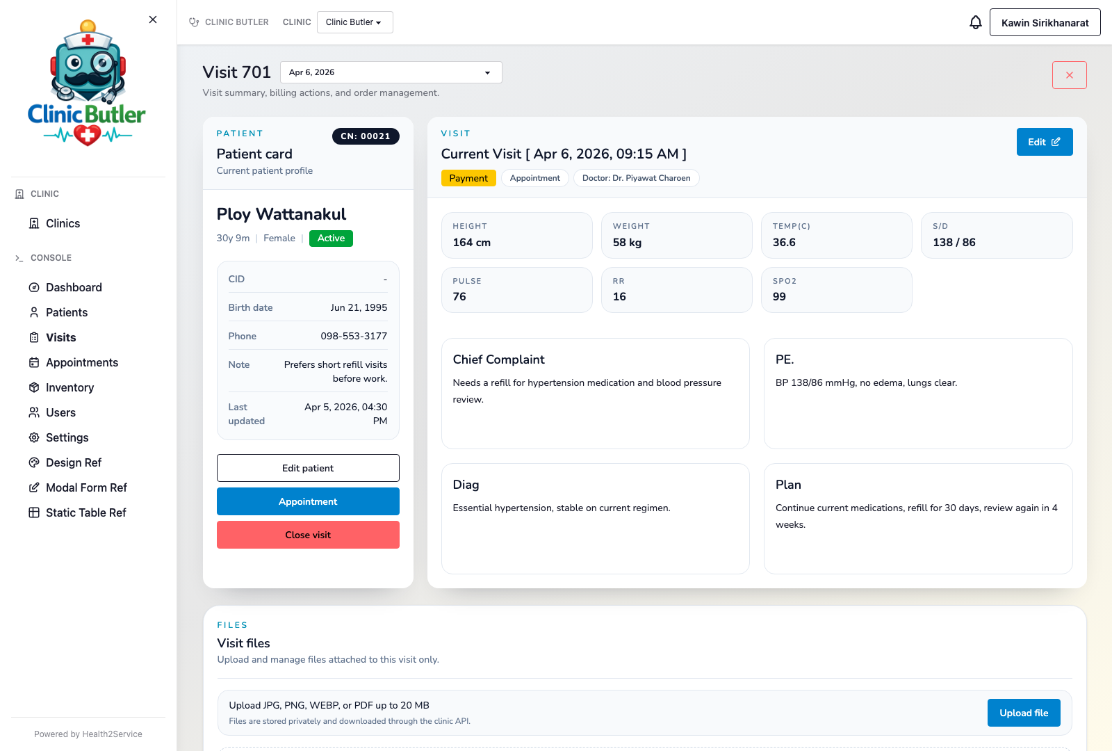 Clinic Butler visit detail page showing patient profile, vitals, and visit notes